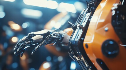 A robotic arm in a high tech electric vehicle factory, assembling advanced battery cells for electric cars with precision, Auto-tech style