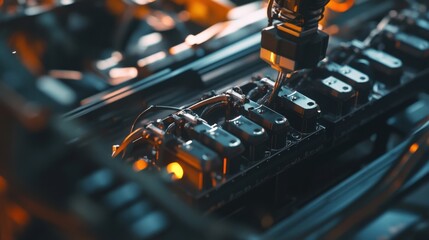 A robotic arm in a high tech electric vehicle factory, assembling advanced battery cells for electric cars with precision, Auto-tech style