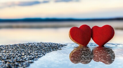 Fototapeta premium Two Red Hearts Reflecting on a Pebble Beach at Sunset