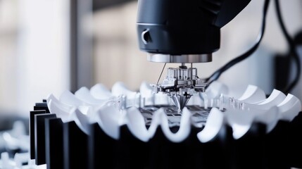 A robotic arm in a high tech electronics factory, assembling autonomous drones for delivery services with AI precision, Drone-tech style