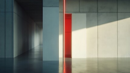 A Modern Concrete Interior with Red Vertical Lighting Accents