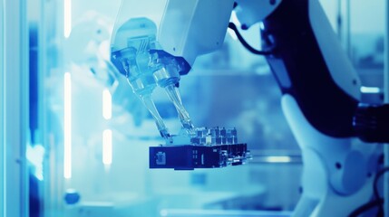 A robotic arm in a high tech electronics factory, assembling autonomous drones for delivery services with AI precision, Drone-tech style