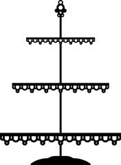 Cake or pie platter, stand and tray silhouette with scalloped edges. Vector black three tiered serving table or tea plate for presenting desserts, pastries, fruits or snacks during festive celebration
