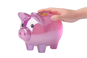 Pink Piggy Bank with Hand and Coin on Transparent Background Isolated Photo