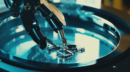 A robotic arm in a high tech electronics factory, assembling autonomous drones for delivery services with AI precision, Drone-tech style