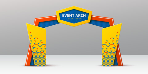 Blue, red and yellow event arch or entrance gate mockup, vector 3D template. Event arch for exhibition or expo entry welcome archway for sport marathon start and finish gate or concert entrance