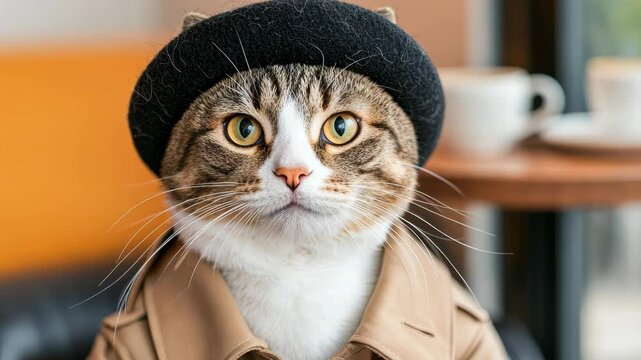 Cat wearing a hat and coat, sitting inside a cozy cafe.
