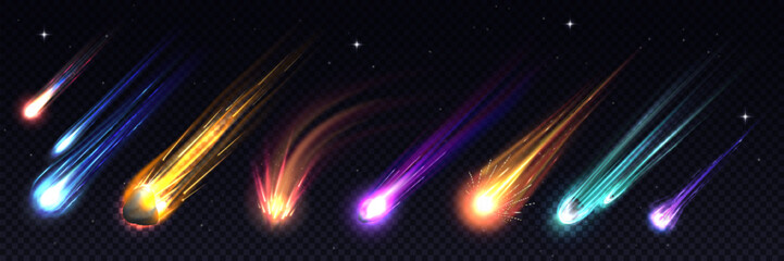 Realistic galaxy space comets, meteors and asteroids, vector 3d shooting stars and meteor showers themes. Realistic comets, stars, meteors and asteroids falling down with light trails, fire flame tail © Buch&Bee