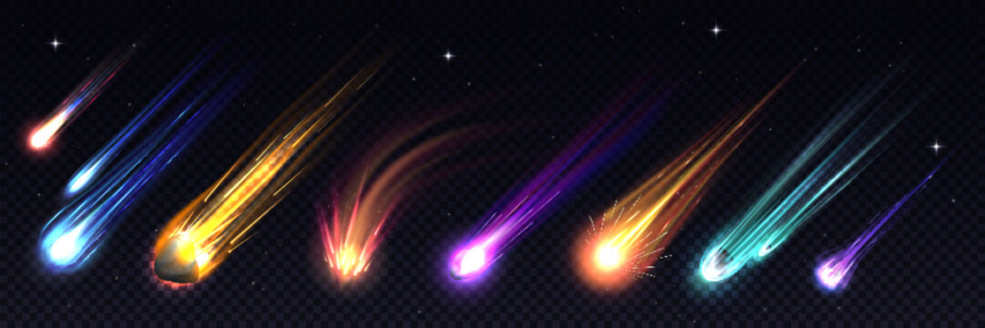 Realistic galaxy space comets, meteors and asteroids, vector 3d shooting stars and meteor showers themes. Realistic comets, stars, meteors and asteroids falling down with light trails, fire flame tail
