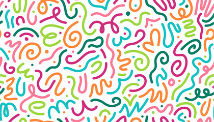 Fototapeta premium Color line squiggle shapes seamless pattern of abstract doodle scribbles, vector background. Squiggle line pattern with colorful scribble swirls, wavy confetti twirls and color dots on background