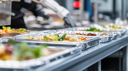 A robotic arm in a high tech food processing plant, assembling automated packaging systems for ready-to-eat meals with AI precision, Food-tech style
