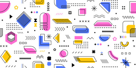 80s or 90s abstract geometric Memphis seamless pattern with simple shapes, vector background. Modern Memphis pattern geometric elements, color shape or abstract minimal dots, circles and squares