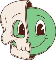 Cartoon groovy retro surreal smiling green face character partially covered by a peeling skull mask symbolizes duality, hidden identities, and contrasts between life and death conceptual y2l meaning