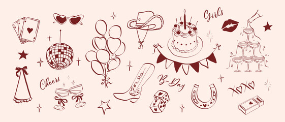 Cowgirl set in hand drawn coquette style. Vintage whimsical symbols with bow for bachelorette and girls birthday party. Trendy art for menu and banner for holidays. Doodle vector illustration