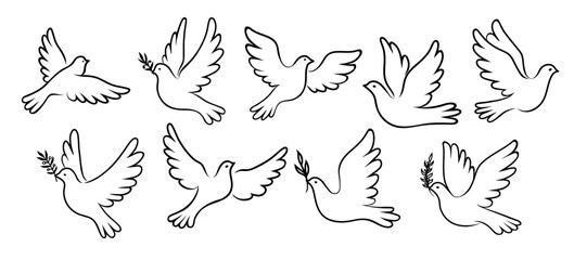 Christmas dove bird silhouettes, white pigeons with peace branch. Vector set of black and white linear doves, some carrying olive twigs, represent peace, freedom, love and spirituality in religion
