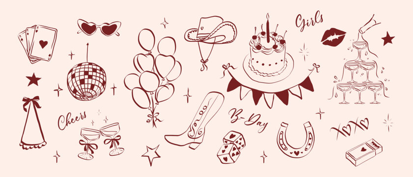 Cowgirl set in hand drawn coquette style. Vintage whimsical symbols with bow for bachelorette and girls birthday party. Trendy art for menu and banner for holidays. Doodle vector illustration