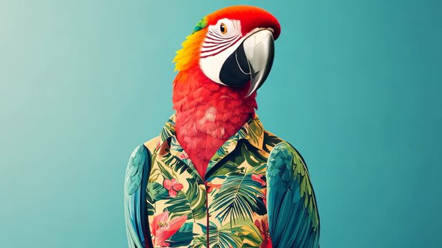 Colorful parrot wearing a tropical shirt, vibrant background.