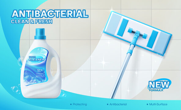 Mop floor cleaner product, clean fresh surface. Vector ads of antibacterial detergent emphasizes hygiene, freshness and new protective cleaning formula. White bottle and mop leaving a sparkling shine.