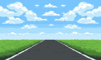 Road to horizon asphalt lane amid green fields under sunny skies. For web game, print, art