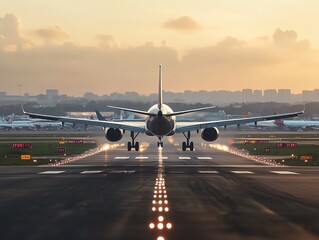 Commercial airplane landing on a runway with a busy airport in the background, generative ai