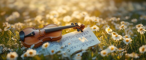Serene melody: Violin and sheet music amidst a daisy meadow in golden light