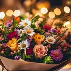 Fototapeta premium A beautiful bouquet of flowers, wrapped in brown paper and including roses and daisies, is placed on the table with warm lighting in the background.