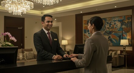 Hotel Receptionist Assisting Guest at Luxurious Hotel Lobby