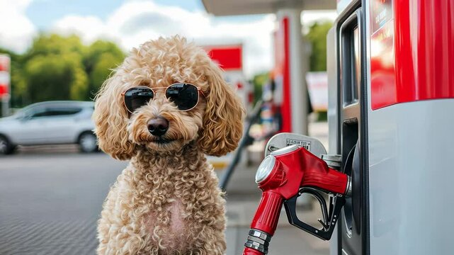 Dog wearing sunglasses at a gas station, playful and cute.