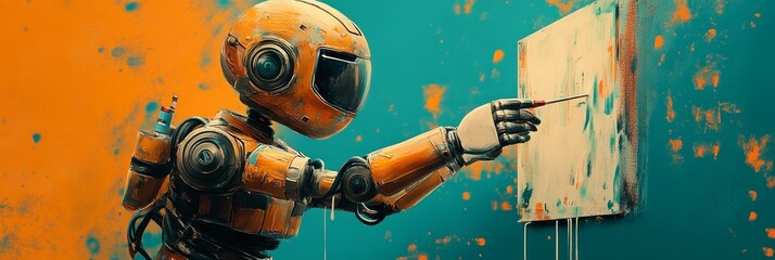 Robotic figure painting abstract art on canvas