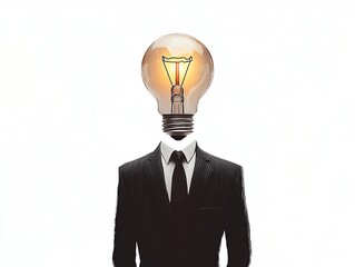 Creative illustration showing a suitwearing person with a light bulb head, isolated on a white background, symbolizing innovation and creativity Ai generative