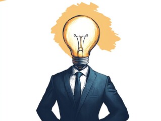 Creative illustration showing a suitwearing person with a light bulb head, isolated on a white background, symbolizing innovation and creativity Ai generative