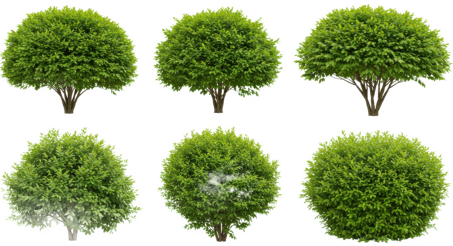 A collection of six small green moss tree models arranged on a checkered background in a close up view - Powered by Adobe