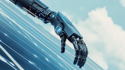 A robotic arm in a high tech solar panel facility, assembling energy-efficient photovoltaic cells for solar power systems, Renewable-tech style