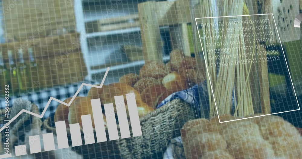 Poster bar graph and binary code animation over bakery products in store
