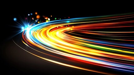 Colorful streaks of light sweeping and swirling across a black background