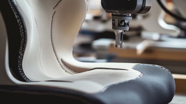 A robotic arm in a luxury furniture workshop, assembling high-end ergonomic chairs with premium materials, Craftsmanship style