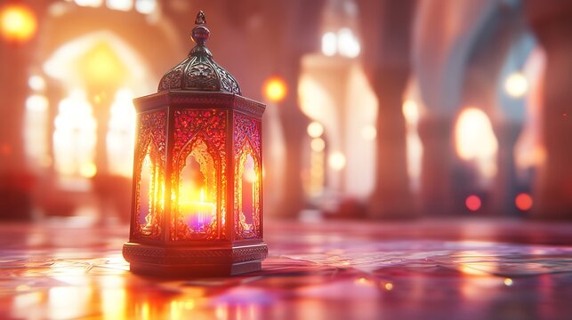 A decorative lantern illuminated by the warm glow of candlelight