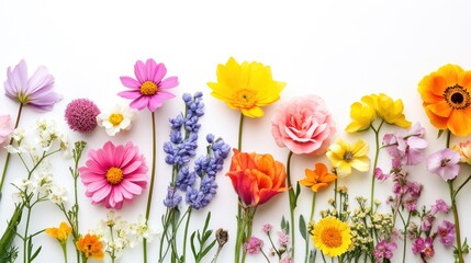 A colorful arrangement of various blooming flowers on white background