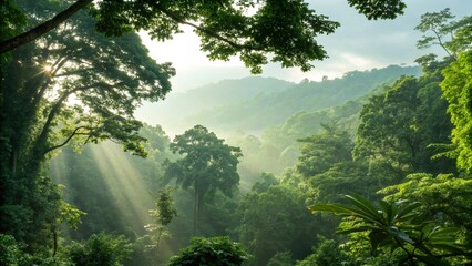 Obraz premium A lush jungle scene with dense foliage and mist, showcasing a tropical rainforest. 