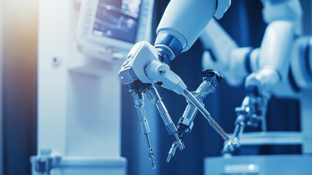 A robotic arm in a medical robotics lab, assembling high-precision robotic surgical tools for minimally invasive procedures, Med-tech style