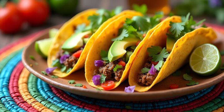 Tacos Mexicanos Vibrantes com Ingredientes Frescos e Toque Festivo
