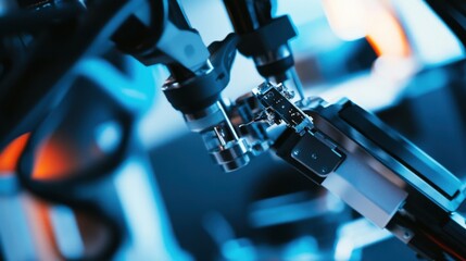 A robotic arm in a modern electronics lab, assembling parts for wearable fitness trackers with precision, Tech style