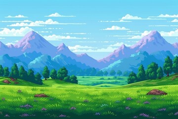 Fototapeta premium Scenic Landscape, hills, green fields and trees under cloudy sky, natural background for digital use