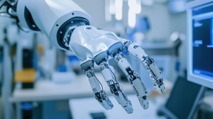 A robotic arm in a modern factory for personalized healthcare, assembling prosthetic limbs with high precision and custom fitting, Med-tech style