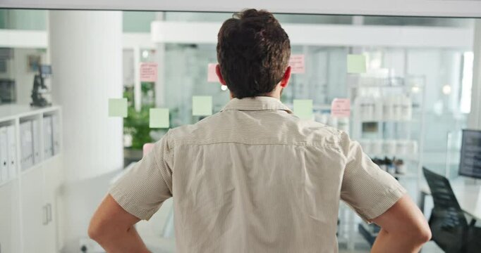 Office, businessman and planning with glass wall for review, brainstorming and project solution. Back, male person and planner with mind map for ideas, problem solving and strategy with sticky note