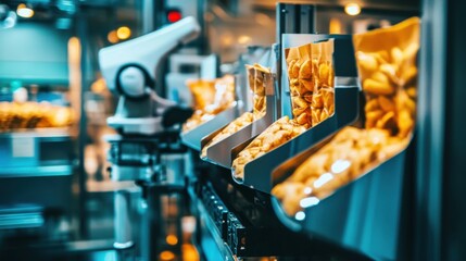 A robotic arm in a modern packaging facility, sealing eco-friendly snack packages with automatic precision, Green-tech style