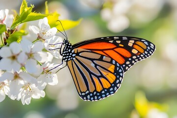 Obraz premium A vibrant monarch butterfly resting on the delicate petals of white cherry blossoms, symbolizing spring's gentle arrival in nature.