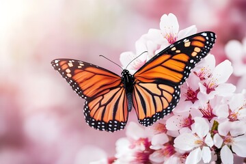 Naklejka premium A vibrant monarch butterfly resting on the delicate petals of white cherry blossoms, symbolizing spring's gentle arrival in nature.