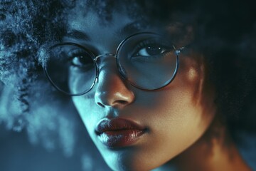 African descent woman with round glasses looking at camera under blue and gold lighting
