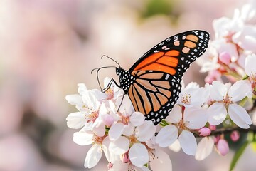 A vibrant monarch butterfly resting on the delicate petals of white cherry blossoms, symbolizing spring's gentle arrival in nature.